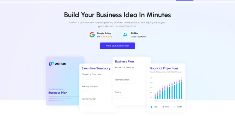 Το Uniplan.ai είναι μια πλατφόρμα επιχειρηματικού σχεδιασμού με τεχνητή νοημοσύνη που βοηθά τους επιχειρηματίες να μετατρέψουν τις ιδέες τους σε επιτυχημένες επιχειρήσεις, δημιουργώντας εξατομικευμένα επιχειρηματικά σχέδια μέσα σε λίγα λεπτά.