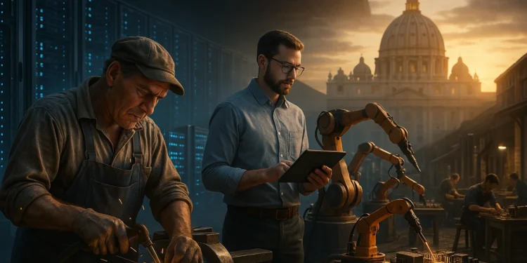 Ο Πάπας Λέων ΙΔ’ θέτει την Τεχνητή Νοημοσύνη στο επίκεντρο της κοινωνικής διδασκαλίας της Εκκλησίας, τονίζοντας την ανάγκη προστασίας της ανθρώπινης αξιοπρέπειας και επανερμηνείας της εργασίας στην ψηφιακή εποχή. Υπογραμμίζει τον ρόλο της Εκκλησίας ως ηθικού οδηγού και υπερασπίζεται τους αθέατους εργάτες της τεχνολογικής υποδομής.