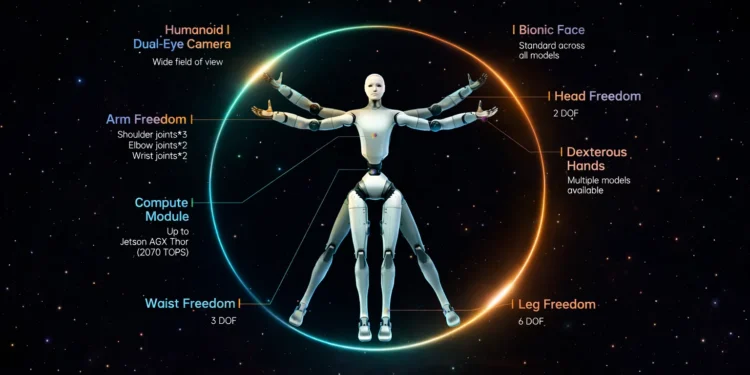 Το H2 είναι το πιο ψηλό και τεχνολογικά προηγμένο ανθρωποειδές ρομπότ της Unitree Robotics μέχρι σήμερα, φτάνοντας σχεδόν τα 6 πόδια (180 εκ.) και ζυγίζοντας περίπου 70 κιλά. Οπτικά, διαφέρει εμφανώς από τα προηγούμενα μοντέλα, με ασημένιο, ανθρώπινο πρόσωπο, σαφώς σχηματισμένα μάτια, χείλη και μύτη, προσδίδοντάς του πιο εκφραστική και ρεαλιστική εμφάνιση.