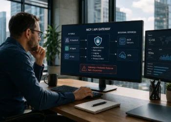 τη διαφορά ανάμεσα σε APIs, MCPs και MCP Gateways, με εφαρμογές, AI models και πηγές δεδομένων να ανταλλάσσουν πληροφορίες μέσω διαφορετικών διεπαφών.