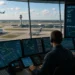 Ψηφιακός πύργος ελέγχου αεροδρομίου με ελεγκτές εναέριας κυκλοφορίας που χρησιμοποιούν συστήματα τεχνητής νοημοσύνης για την παρακολούθηση και διαχείριση πτήσεων.