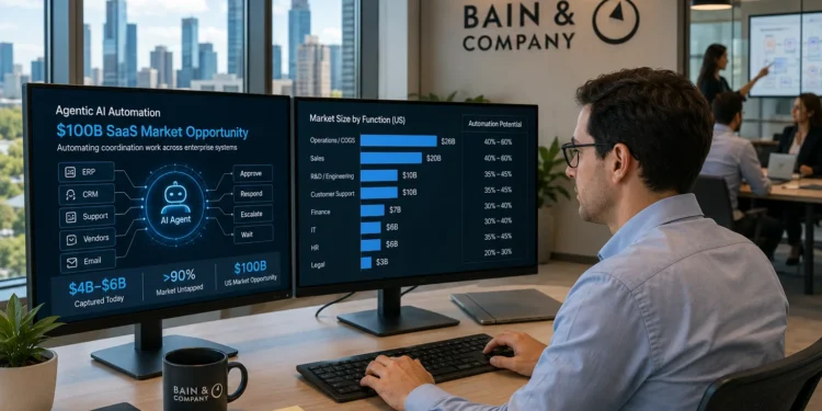 Η Bain & Company εκτιμά ότι η αγορά SaaS για αυτοματοποίηση με agentic AI στις ΗΠΑ μπορεί να φτάσει τα US$100 δισ., καθώς οι εταιρείες μετατρέπουν χειροκίνητες εργασίες συντονισμού μεταξύ εταιρικών συστημάτων σε αυτοματοποιημένες ροές εργασίας.