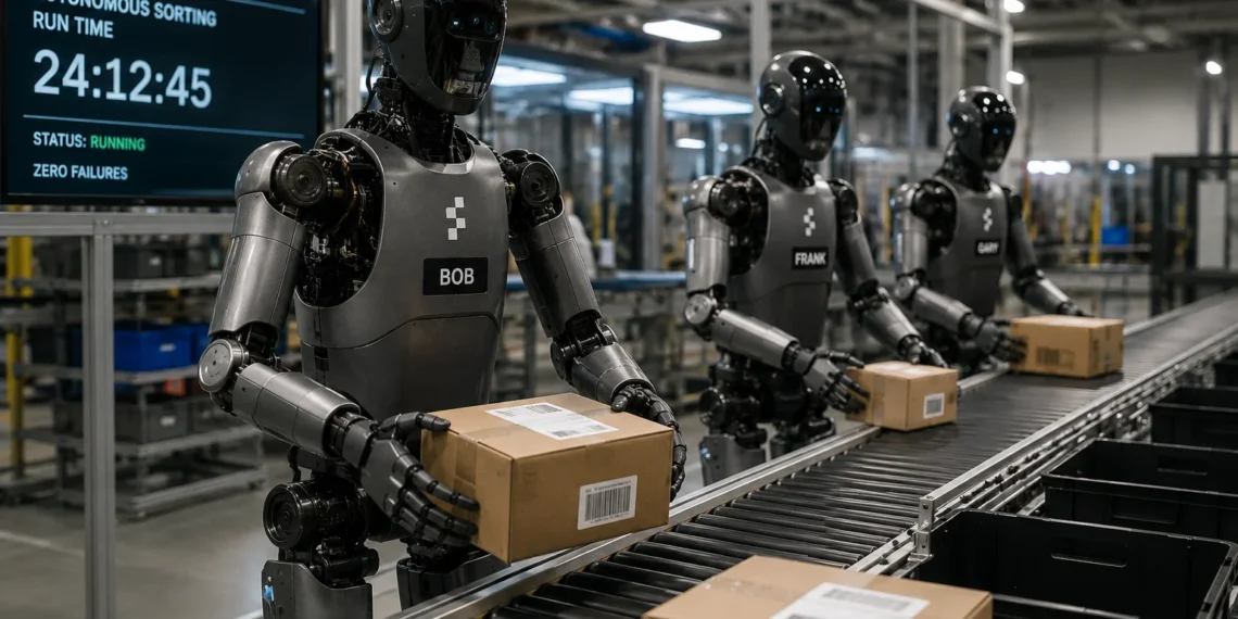 Ανθρωποειδή ρομπότ της Figure AI ταξινομούν αυτόνομα δέματα σε αποθήκη, λειτουργώντας συνεχόμενα για πάνω από 24 ώρες χωρίς ανθρώπινο έλεγχο.