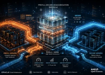 Διάγραμμα απόδοσης LLM serving με prefill-decode disaggregation σε AMD Instinct MI300X GPUs στο Oracle Cloud Infrastructure, συγκρίνοντας aggregated και disaggregated deployments ως προς latency, throughput και GPU efficiency.