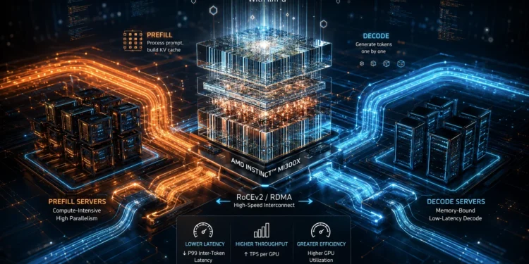 Διάγραμμα απόδοσης LLM serving με prefill-decode disaggregation σε AMD Instinct MI300X GPUs στο Oracle Cloud Infrastructure, συγκρίνοντας aggregated και disaggregated deployments ως προς latency, throughput και GPU efficiency.