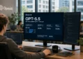 Εικαστική απεικόνιση του GPT-5.5 της OpenAI, με έμφαση στις agentic δυνατότητες, τα benchmarks, το Codex και την αυτοματοποίηση σύνθετων εργασιών με τεχνητή νοημοσύνη.