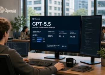 Εικαστική απεικόνιση του GPT-5.5 της OpenAI, με έμφαση στις agentic δυνατότητες, τα benchmarks, το Codex και την αυτοματοποίηση σύνθετων εργασιών με τεχνητή νοημοσύνη.