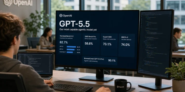 Εικαστική απεικόνιση του GPT-5.5 της OpenAI, με έμφαση στις agentic δυνατότητες, τα benchmarks, το Codex και την αυτοματοποίηση σύνθετων εργασιών με τεχνητή νοημοσύνη.