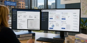 Απεικόνιση συστήματος AI της Google Cloud που επεξεργάζεται πολεοδομικά έγγραφα και δεδομένα για τη βελτίωση των δημοσίων υπηρεσιών στο Ηνωμένο Βασίλειο.