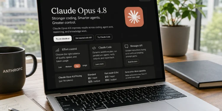 Λογότυπο της Anthropic και αναφορά στο νέο Claude Opus 4.8, το αναβαθμισμένο AI μοντέλο για coding, agentic workflows και reasoning.