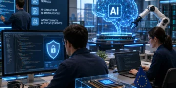 Ειδικοί εργάζονται πάνω σε κώδικα και ασφάλεια AI, με σύμβολα κυβερνοασφάλειας, επεξεργαστή, ρομποτικό βραχίονα και ψηφιακό εγκέφαλο στο φόντο.