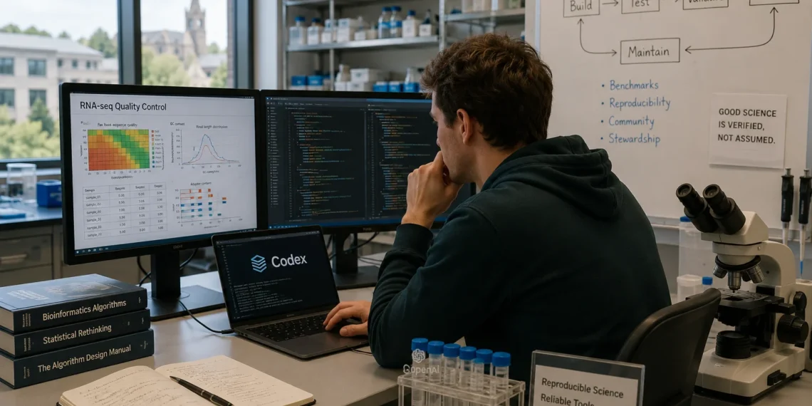 Γράφημα που απεικονίζει τη χρήση των AI Coding Agents της OpenAI σε έργα επιστημονικού λογισμικού, με βελτιώσεις στην απόδοση, τη μεταφορά κώδικα σε Rust και την επιτάχυνση εφαρμογών γονιδιωματικής και RNA sequencing.