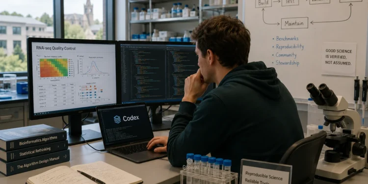 Γράφημα που απεικονίζει τη χρήση των AI Coding Agents της OpenAI σε έργα επιστημονικού λογισμικού, με βελτιώσεις στην απόδοση, τη μεταφορά κώδικα σε Rust και την επιτάχυνση εφαρμογών γονιδιωματικής και RNA sequencing.