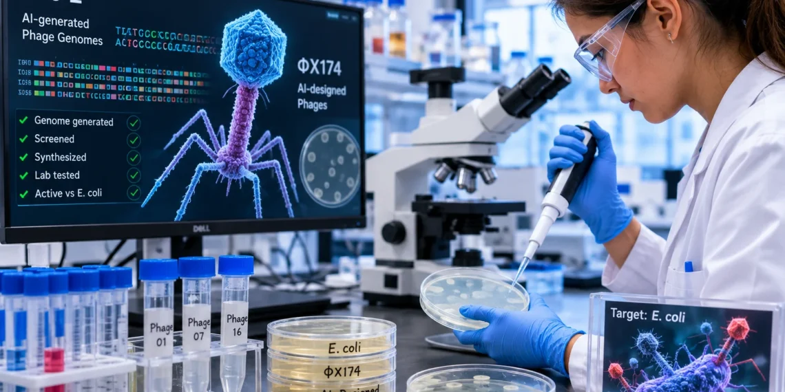 Ερευνητές του Stanford χρησιμοποίησαν το μοντέλο τεχνητής νοημοσύνης Evo 2 για να δημιουργήσουν νέες αλληλουχίες DNA βακτηριοφάγων, με στόχο την καταπολέμηση του E. coli. Από σχεδόν 300 φάγους που συντέθηκαν και δοκιμάστηκαν στο εργαστήριο, 16 παρουσίασαν ιδιαίτερα ισχυρή δράση κατά του βακτηρίου. Η έρευνα βασίστηκε στον βακτηριοφάγο ΦX174, έναν σχετικά μικρό ιό που μολύνει βακτήρια και διαθέτει γονιδίωμα μικρότερο από 6.000 ζεύγη βάσεων. Το Evo 2 κλήθηκε να δημιουργήσει ολόκληρα νέα γονιδιώματα, ξεκινώντας από ένα μικρό τμήμα DNA.
