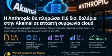 Η Anthropic υπέγραψε επταετή συμφωνία ύψους 11,6 δισ. δολαρίων με την Akamai για την αξιοποίηση της cloud υποδομής της, με έμφαση στην αυξανόμενη ζήτηση για υπολογιστικά workloads που βασίζονται σε CPU. Για την υποστήριξη της συμφωνίας, η Akamai σχεδιάζει επενδύσεις περίπου 5,5 δισ. δολαρίων σε υποδομές. Η συμφωνία περιλαμβάνει επίσης warrant που μπορεί να επιτρέψει στην Anthropic να αποκτήσει έως περίπου 5% των κοινών μετοχών της Akamai, εφόσον επιτευχθούν συγκεκριμένα επίπεδα δαπανών. Η συνολική συνεργασία θα μπορούσε να επεκταθεί κατά επιπλέον 9 δισ. δολάρια, ανεβάζοντας δυνητικά την αξία της κοντά στα 20 δισ. δολάρια.