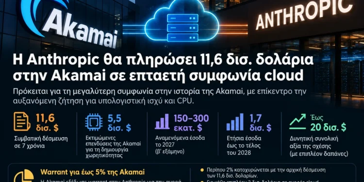 Η Anthropic υπέγραψε επταετή συμφωνία ύψους 11,6 δισ. δολαρίων με την Akamai για την αξιοποίηση της cloud υποδομής της, με έμφαση στην αυξανόμενη ζήτηση για υπολογιστικά workloads που βασίζονται σε CPU. Για την υποστήριξη της συμφωνίας, η Akamai σχεδιάζει επενδύσεις περίπου 5,5 δισ. δολαρίων σε υποδομές. Η συμφωνία περιλαμβάνει επίσης warrant που μπορεί να επιτρέψει στην Anthropic να αποκτήσει έως περίπου 5% των κοινών μετοχών της Akamai, εφόσον επιτευχθούν συγκεκριμένα επίπεδα δαπανών. Η συνολική συνεργασία θα μπορούσε να επεκταθεί κατά επιπλέον 9 δισ. δολάρια, ανεβάζοντας δυνητικά την αξία της κοντά στα 20 δισ. δολάρια.
