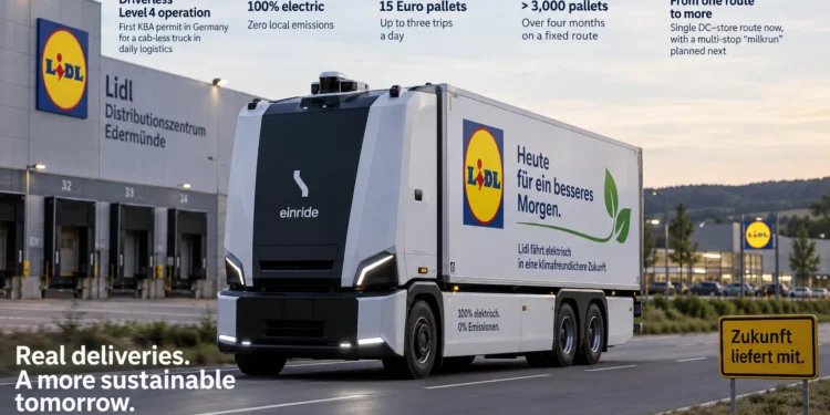 Η Lidl δοκιμάζει στη Γερμανία το μέλλον των εμπορευματικών μεταφορών, εντάσσοντας στις καθημερινές παραδόσεις της ένα ηλεκτρικό, αυτόνομο φορτηγό Level 4 της Einride. Το όχημα κινείται σε δημόσιους δρόμους χωρίς οδηγό ή χειριστή ασφαλείας στην καμπίνα και μπορεί να πραγματοποιεί έως τρία δρομολόγια την ημέρα. Το πιλοτικό πρόγραμμα θα διαρκέσει τέσσερις μήνες και θα βοηθήσει τη Lidl να αξιολογήσει κατά πόσο η αυτόνομη οδήγηση μπορεί να ενσωματωθεί σε μεγαλύτερη κλίμακα στο δίκτυο logistics της.